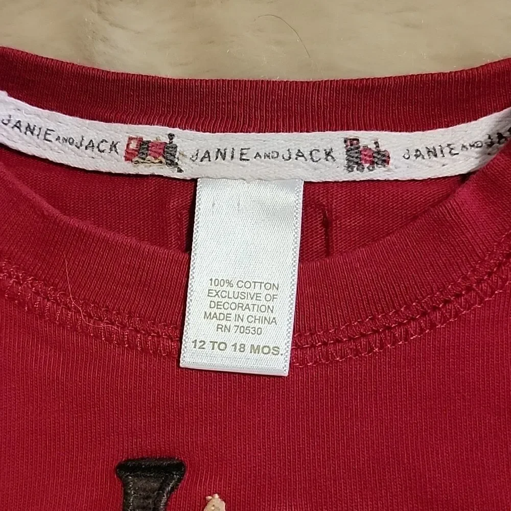 JANIE AND JACK RED LONG-SLEEVE T-SHIRT WITH TRAINS, SIZE 12-18 MONTHS
